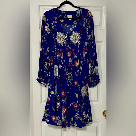 Maeve Anthropologie Maplewood Blue Floral Long Sleeves Button Dress Size XL - Picture 3 of 14